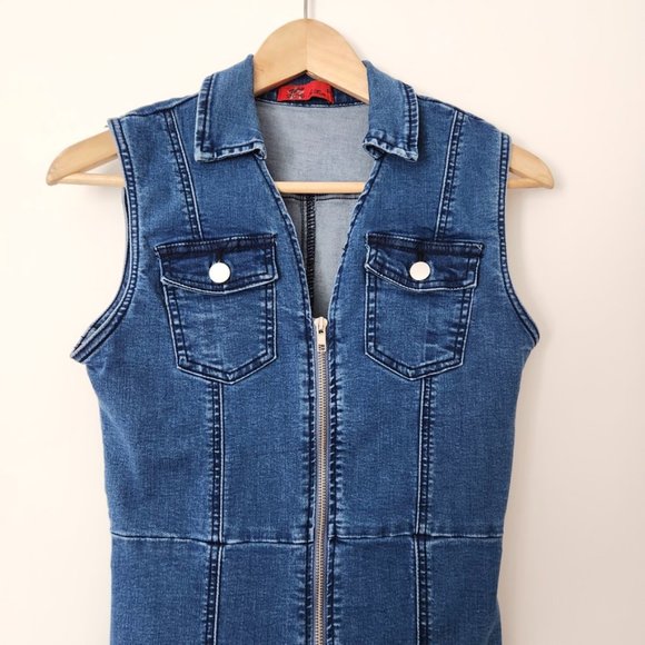 Vintage Y2K Zip Up Denim Dress Medium Blue Sleeveless // Large - Picture 3 of 12